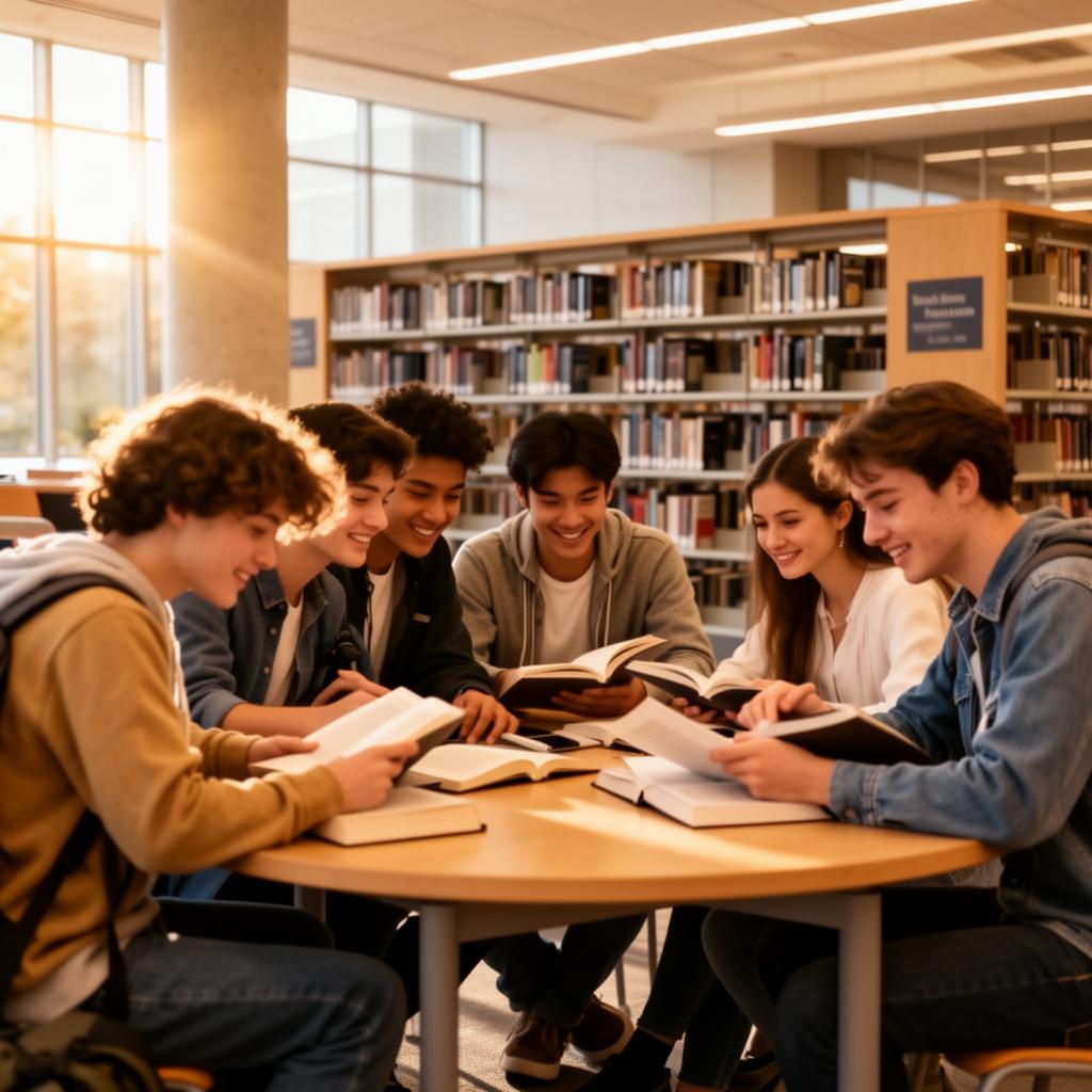 College students in a library